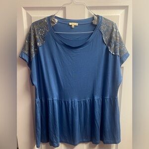 Kori America Boutique Ruffle/Peplum Top W/ Embroidered/Lace Shoulders Size Large